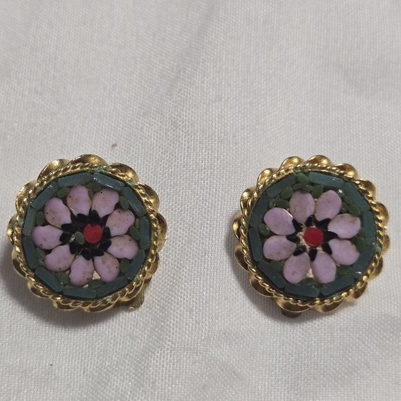 Floral Vintage Micro Mosaic Goldtone Clipon Earrings - Picture 5 of 6